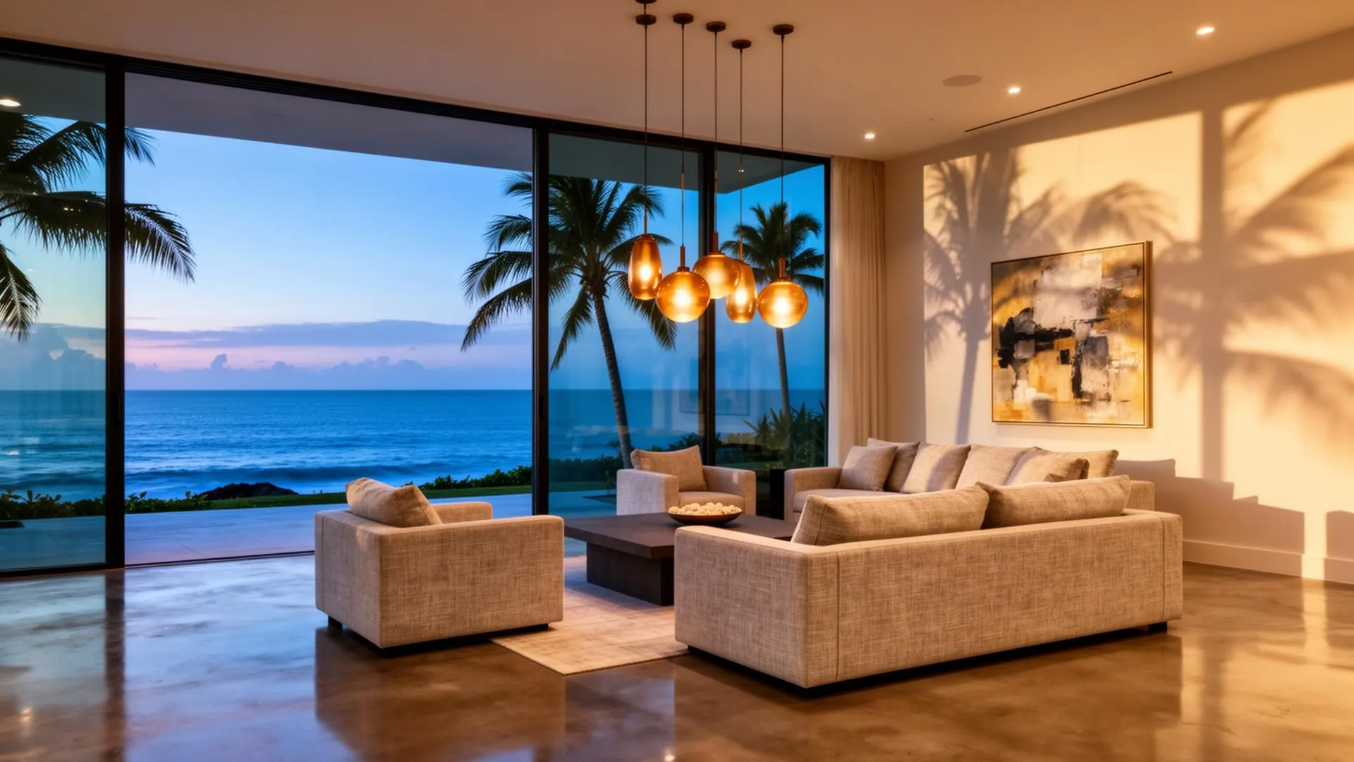 Luxury Florida coastal interior at twilight